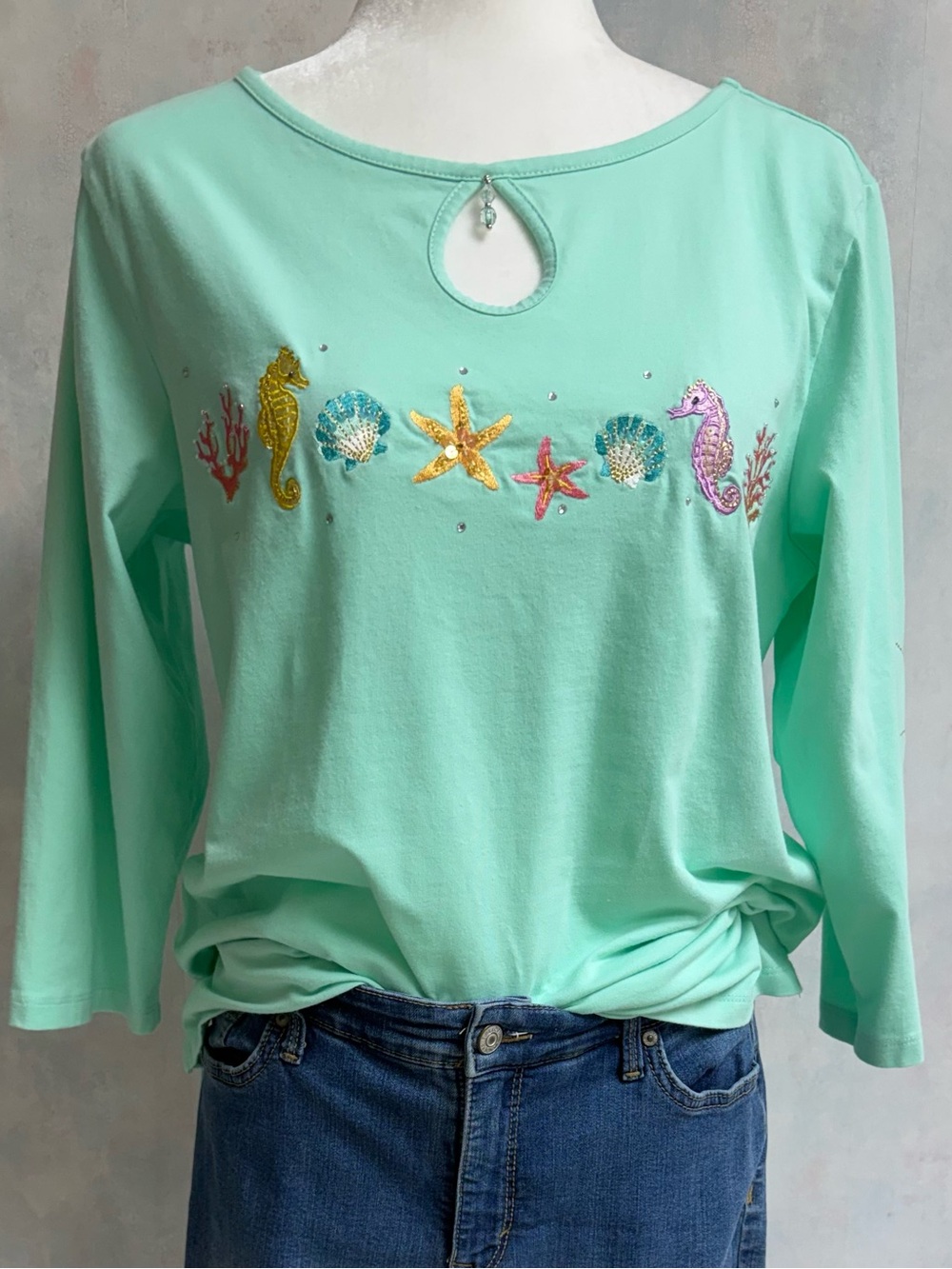 Quacker Factory Seafoam 3/4 Sleeve Top Sea Creatures Embroidery, Sequins & Bling